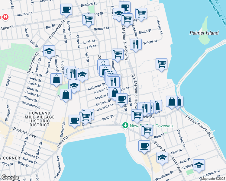 map of restaurants, bars, coffee shops, grocery stores, and more near 104 County Street in New Bedford