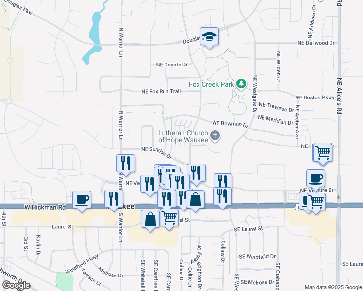 map of restaurants, bars, coffee shops, grocery stores, and more near 303 Northeast Sandalwood in Waukee