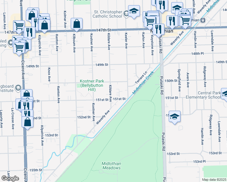 map of restaurants, bars, coffee shops, grocery stores, and more near 15035 Kildare Avenue in Midlothian