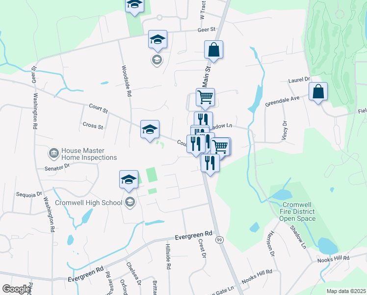 map of restaurants, bars, coffee shops, grocery stores, and more near 3 Court Street in Cromwell