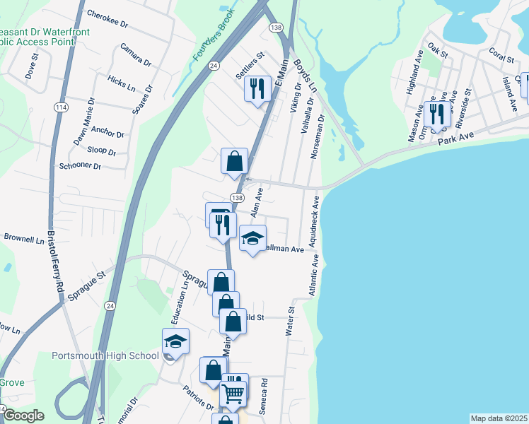 map of restaurants, bars, coffee shops, grocery stores, and more near 50 President Ave in Portsmouth