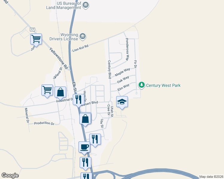 map of restaurants, bars, coffee shops, grocery stores, and more near 2008 Century Blvd in Rock Springs