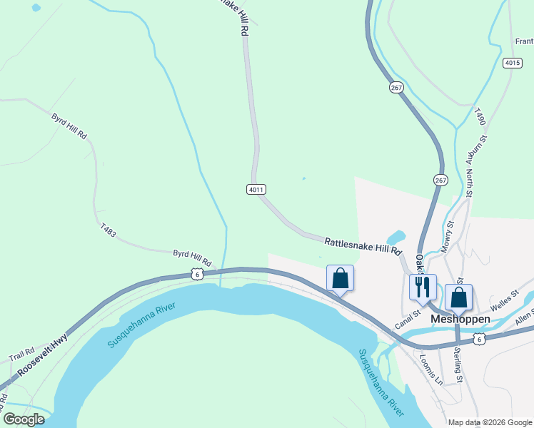 map of restaurants, bars, coffee shops, grocery stores, and more near Rattle Snake Hill Road in Meshoppen