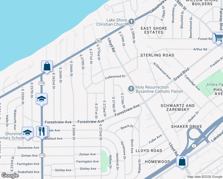 map of restaurants, bars, coffee shops, grocery stores, and more near 427 East 272nd Street in Euclid