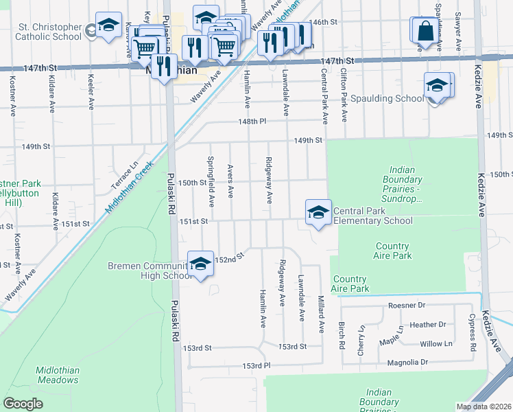 map of restaurants, bars, coffee shops, grocery stores, and more near 15039 Hamlin Avenue in Midlothian