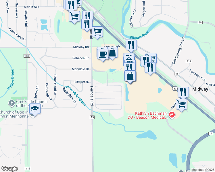 map of restaurants, bars, coffee shops, grocery stores, and more near Babylon Willow Dr in Goshen