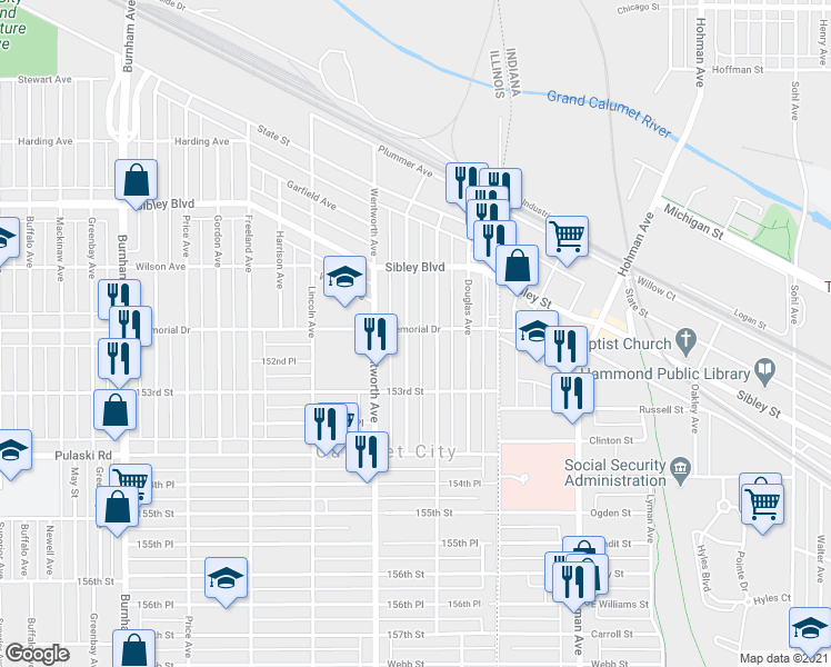 map of restaurants, bars, coffee shops, grocery stores, and more near 111 Memorial Drive in Calumet City