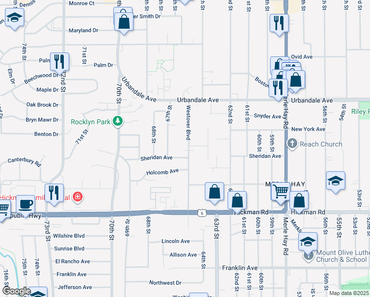 map of restaurants, bars, coffee shops, grocery stores, and more near 2712 Westover Boulevard in Des Moines