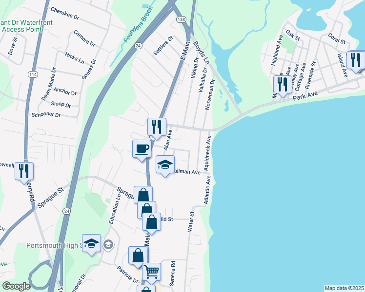 map of restaurants, bars, coffee shops, grocery stores, and more near 94 President Avenue in Portsmouth