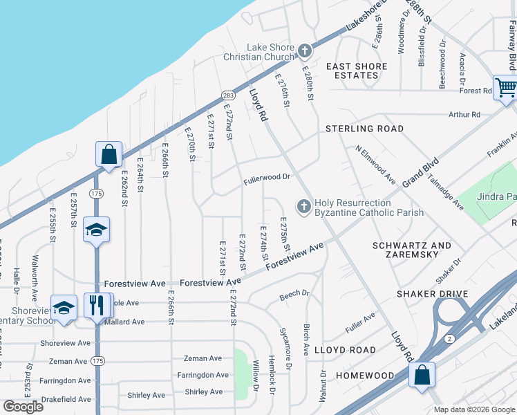 map of restaurants, bars, coffee shops, grocery stores, and more near 427 East 272nd Street in Euclid