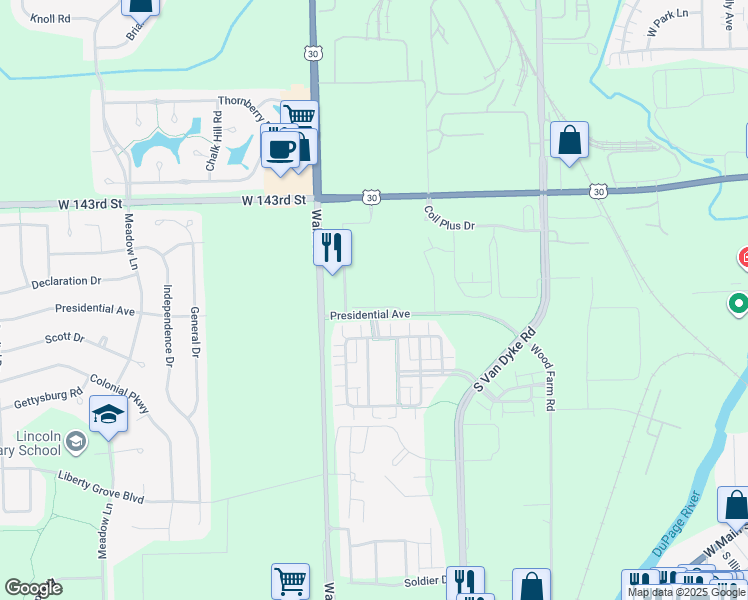 map of restaurants, bars, coffee shops, grocery stores, and more near 24700 Patriot Square Boulevard in Plainfield