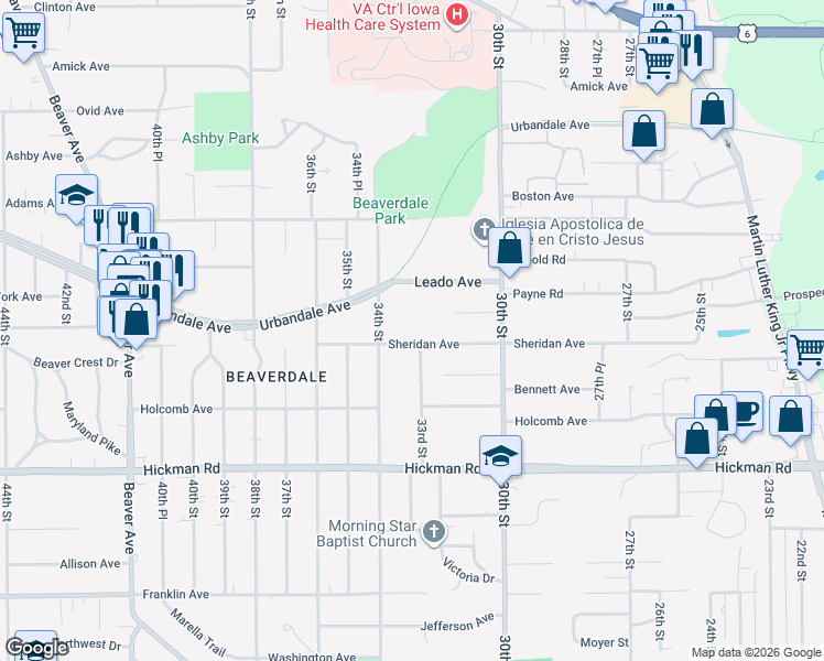 map of restaurants, bars, coffee shops, grocery stores, and more near 3211 Sheridan Avenue in Des Moines