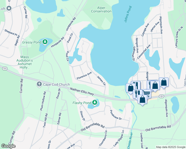 map of restaurants, bars, coffee shops, grocery stores, and more near 62 James Circle in Mashpee