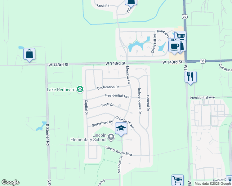 map of restaurants, bars, coffee shops, grocery stores, and more near 25138 Presidential Avenue in Plainfield