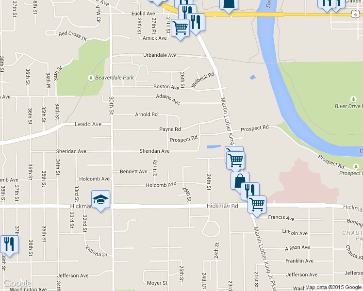 map of restaurants, bars, coffee shops, grocery stores, and more near 2530 Prospect Rd in Des Moines