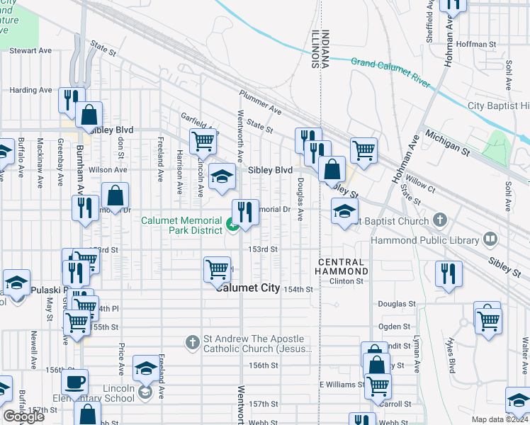 map of restaurants, bars, coffee shops, grocery stores, and more near 575 Ingraham Avenue in Calumet City