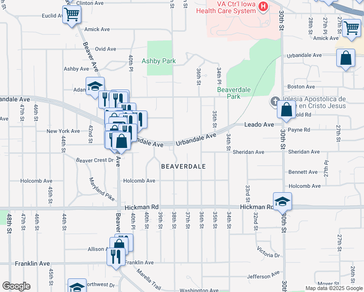 map of restaurants, bars, coffee shops, grocery stores, and more near 3714 Urbandale Avenue in Des Moines