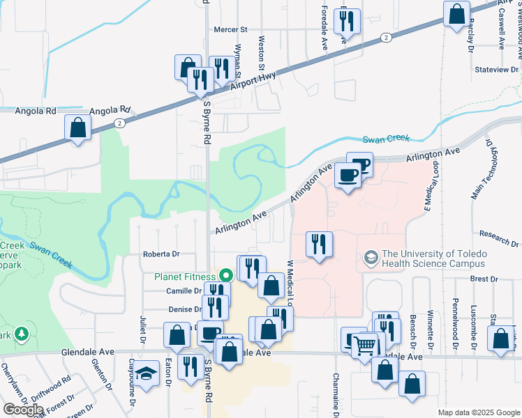 map of restaurants, bars, coffee shops, grocery stores, and more near 3348 Arlington Avenue in Toledo