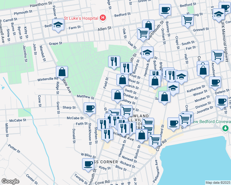 map of restaurants, bars, coffee shops, grocery stores, and more near 15 Stowell Street in New Bedford