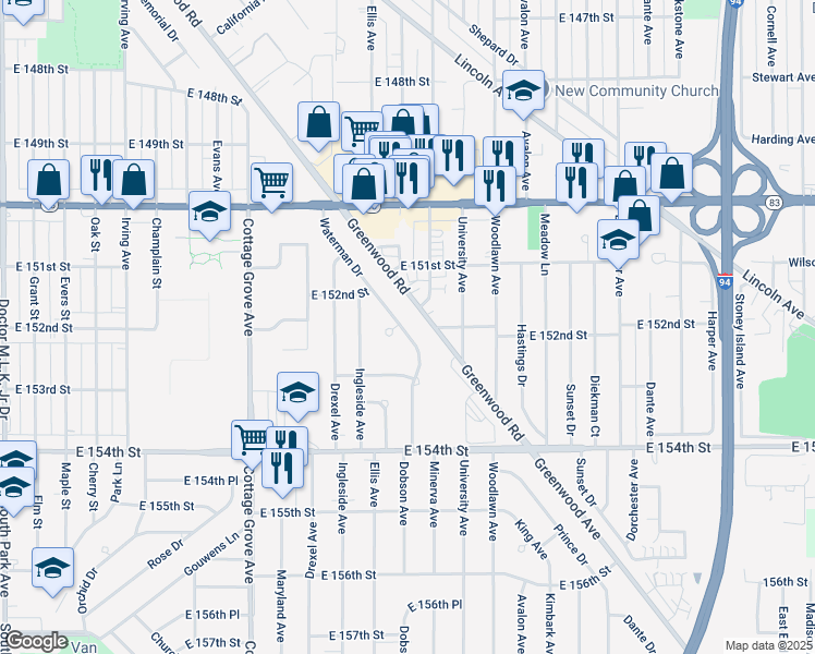 map of restaurants, bars, coffee shops, grocery stores, and more near 15231 Waterman Drive in South Holland