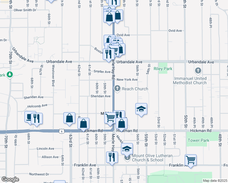 map of restaurants, bars, coffee shops, grocery stores, and more near 2725 Merle Hay Rd in Des Moines