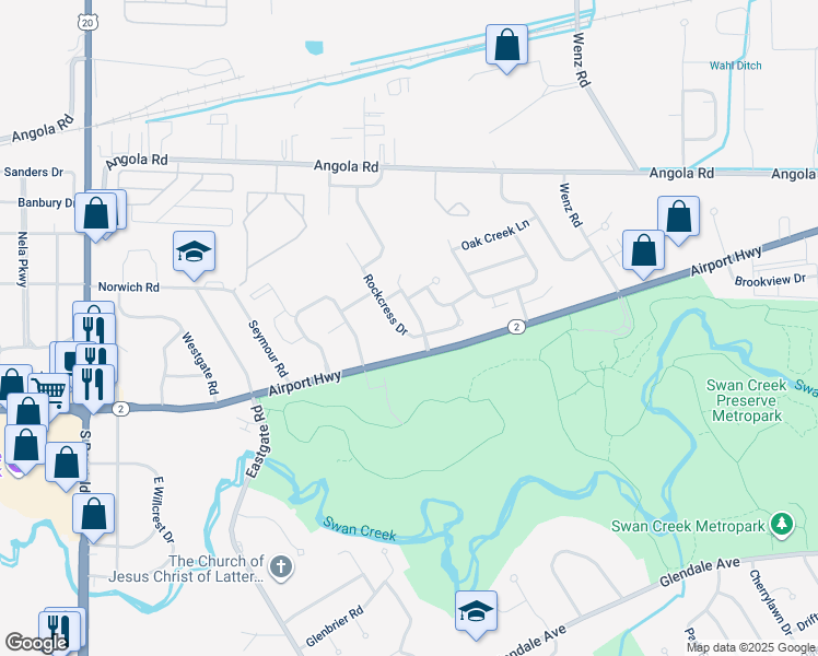map of restaurants, bars, coffee shops, grocery stores, and more near 1247 Rockcress Drive in Toledo