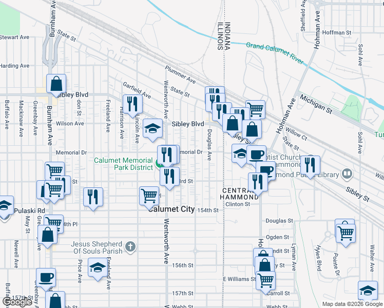 map of restaurants, bars, coffee shops, grocery stores, and more near 101 Memorial Drive in Calumet City