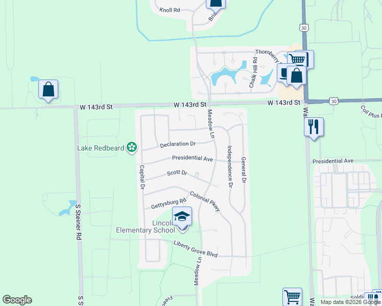 map of restaurants, bars, coffee shops, grocery stores, and more near 25138 Presidential Avenue in Plainfield