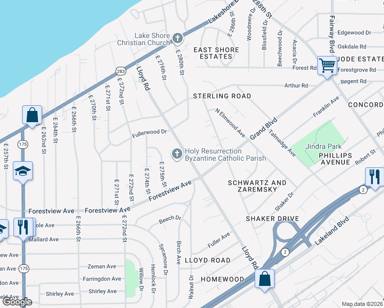 map of restaurants, bars, coffee shops, grocery stores, and more near 575 Lloyd Road in Euclid