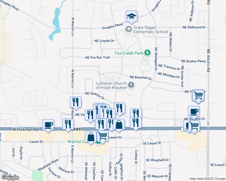 map of restaurants, bars, coffee shops, grocery stores, and more near 303 Northeast Sandalwood in Waukee