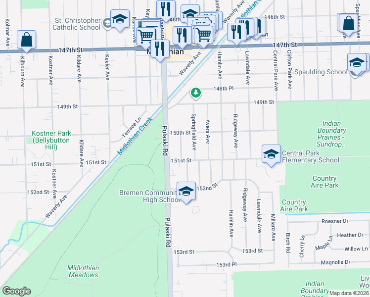 map of restaurants, bars, coffee shops, grocery stores, and more near 15034 Springfield Avenue in Midlothian
