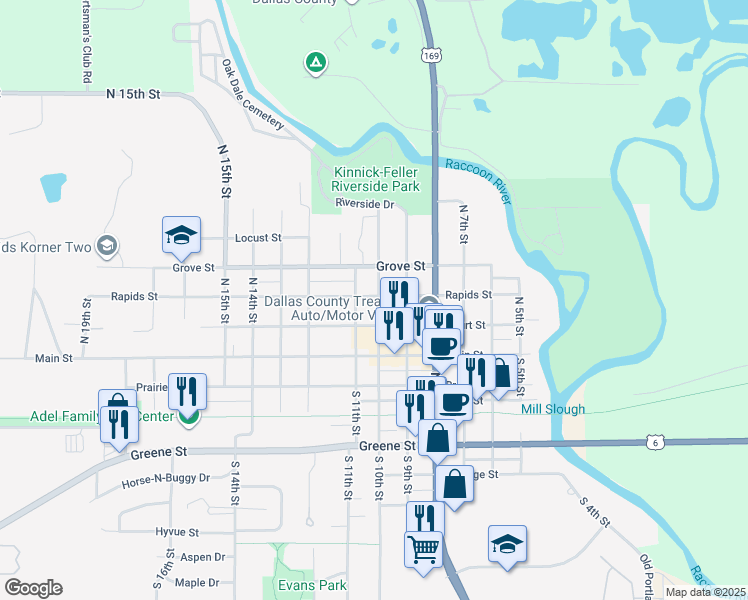 map of restaurants, bars, coffee shops, grocery stores, and more near 219 North 10th Street in Adel