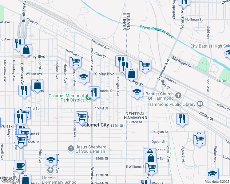 map of restaurants, bars, coffee shops, grocery stores, and more near 578 Douglas Avenue in Calumet City