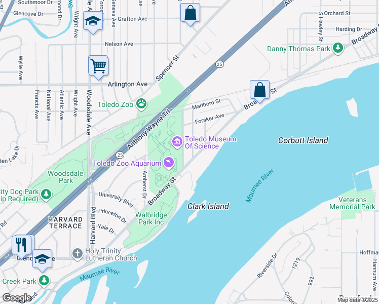 map of restaurants, bars, coffee shops, grocery stores, and more near 1164 Radcliffe Drive in Toledo