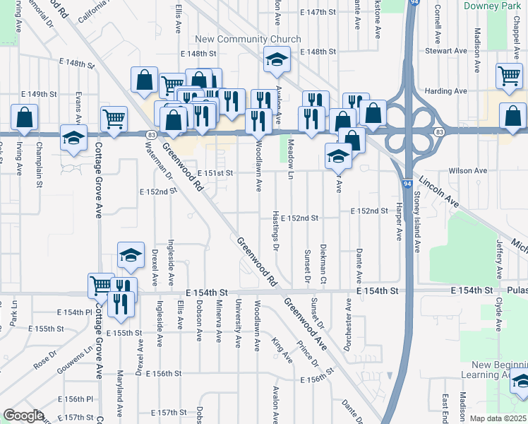 map of restaurants, bars, coffee shops, grocery stores, and more near 15147 Woodlawn Avenue in Dolton