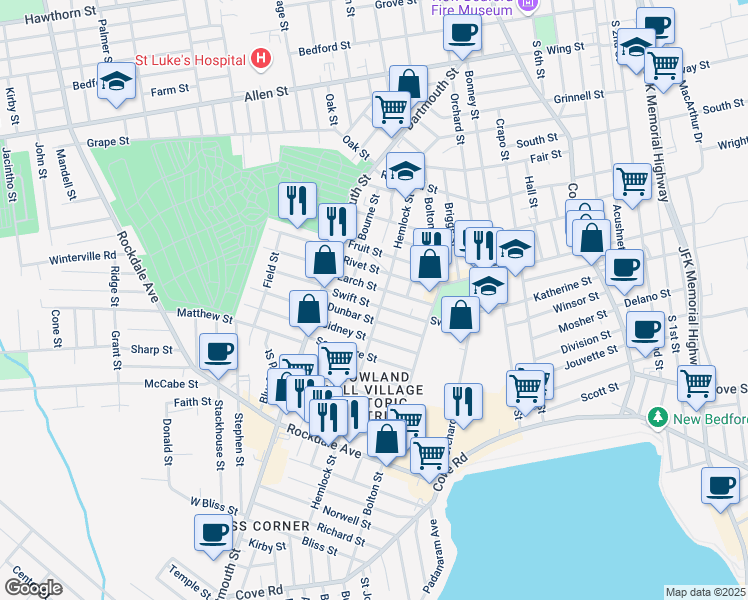 map of restaurants, bars, coffee shops, grocery stores, and more near 63 Swift Street in New Bedford