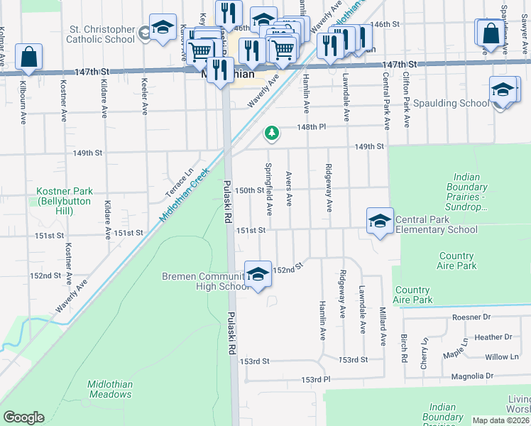 map of restaurants, bars, coffee shops, grocery stores, and more near 15034 Springfield Avenue in Midlothian