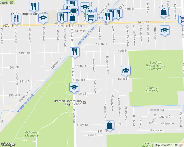 map of restaurants, bars, coffee shops, grocery stores, and more near 15034 Avers Avenue in Midlothian
