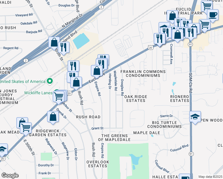 map of restaurants, bars, coffee shops, grocery stores, and more near 1741 Harding Dr in Wickliffe
