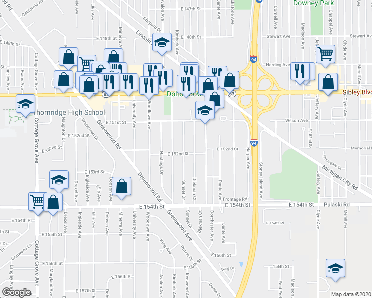 map of restaurants, bars, coffee shops, grocery stores, and more near 15151 Sunset Drive in Dolton