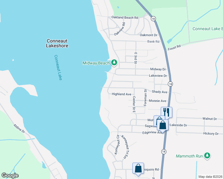 map of restaurants, bars, coffee shops, grocery stores, and more near 11809 Shady Avenue in Conneaut Lake