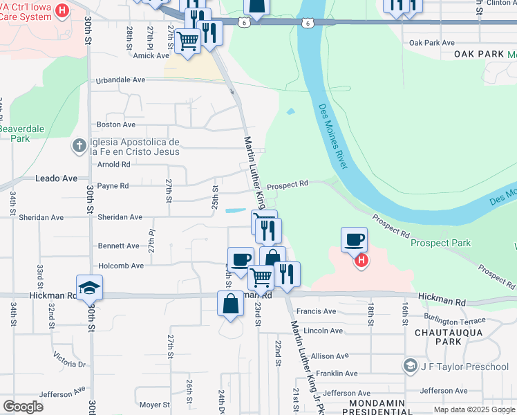 map of restaurants, bars, coffee shops, grocery stores, and more near 2717 Martin Luther King Junior Parkway in Des Moines