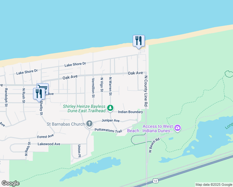 map of restaurants, bars, coffee shops, grocery stores, and more near 930 North Warrick Street in Gary