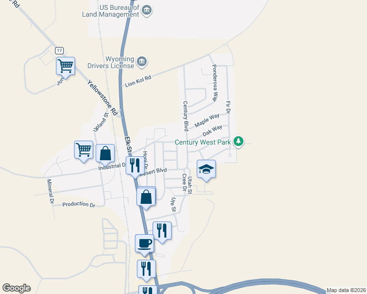 map of restaurants, bars, coffee shops, grocery stores, and more near 2008 Century Blvd in Rock Springs