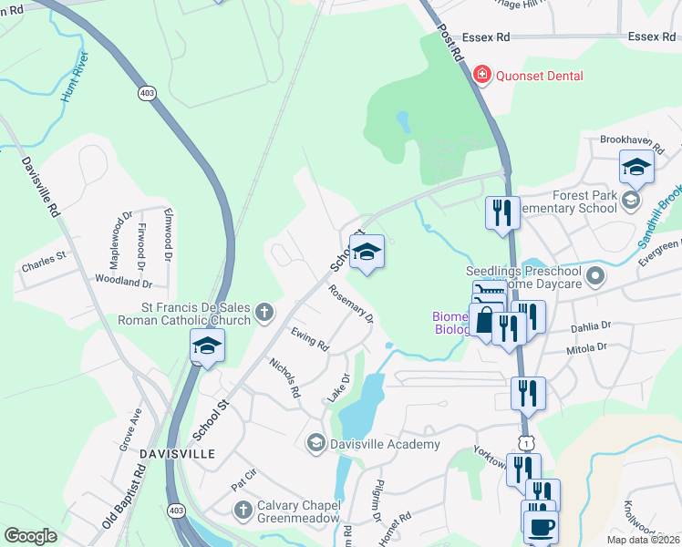 map of restaurants, bars, coffee shops, grocery stores, and more near 256 School Street in North Kingstown