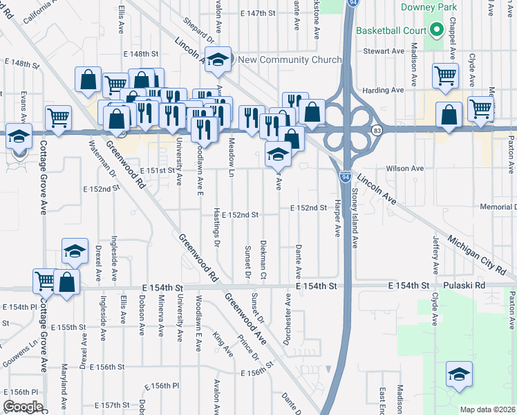 map of restaurants, bars, coffee shops, grocery stores, and more near 15151 Sunset Drive in Dolton