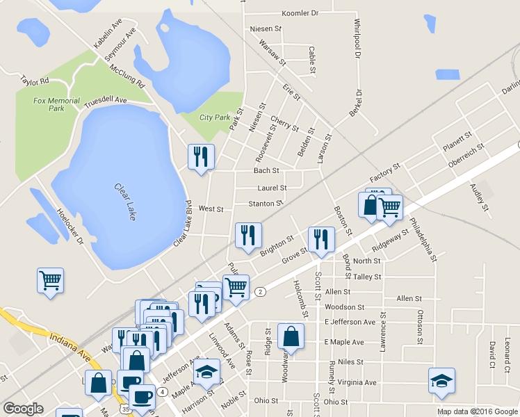 map of restaurants, bars, coffee shops, grocery stores, and more near 130 Stanton Street in La Porte