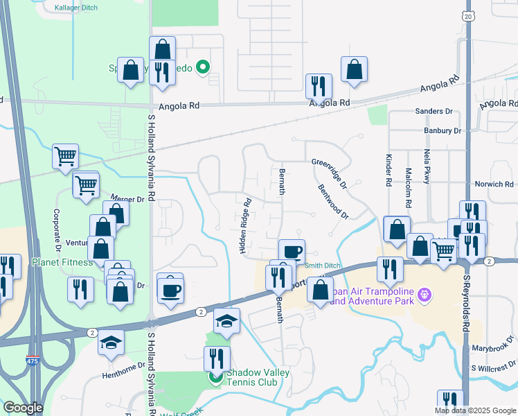 map of restaurants, bars, coffee shops, grocery stores, and more near 5705 Firethorne Drive in Toledo