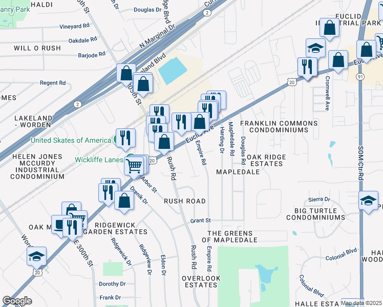 map of restaurants, bars, coffee shops, grocery stores, and more near 1518 Severn Lane in Wickliffe