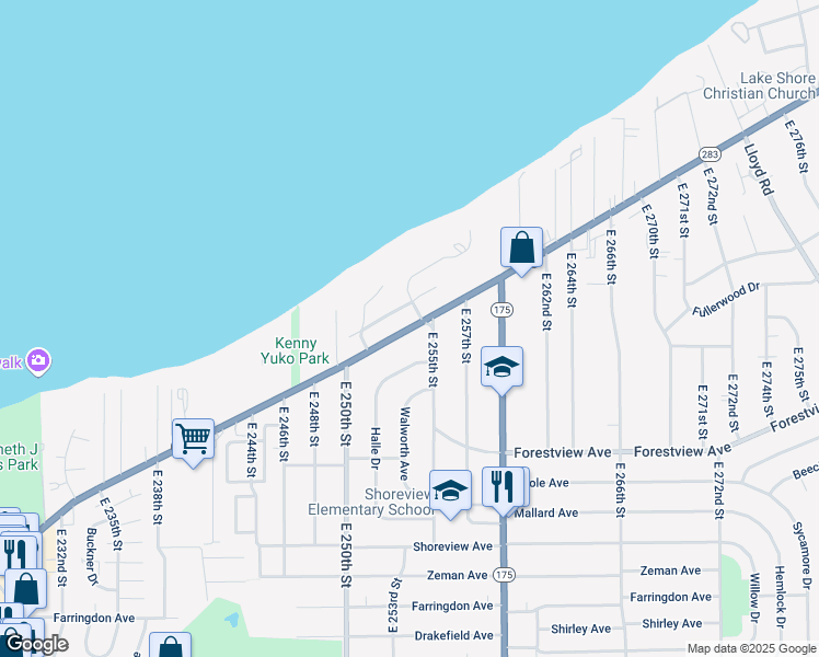 map of restaurants, bars, coffee shops, grocery stores, and more near 25360 Lakeshore Boulevard in Euclid